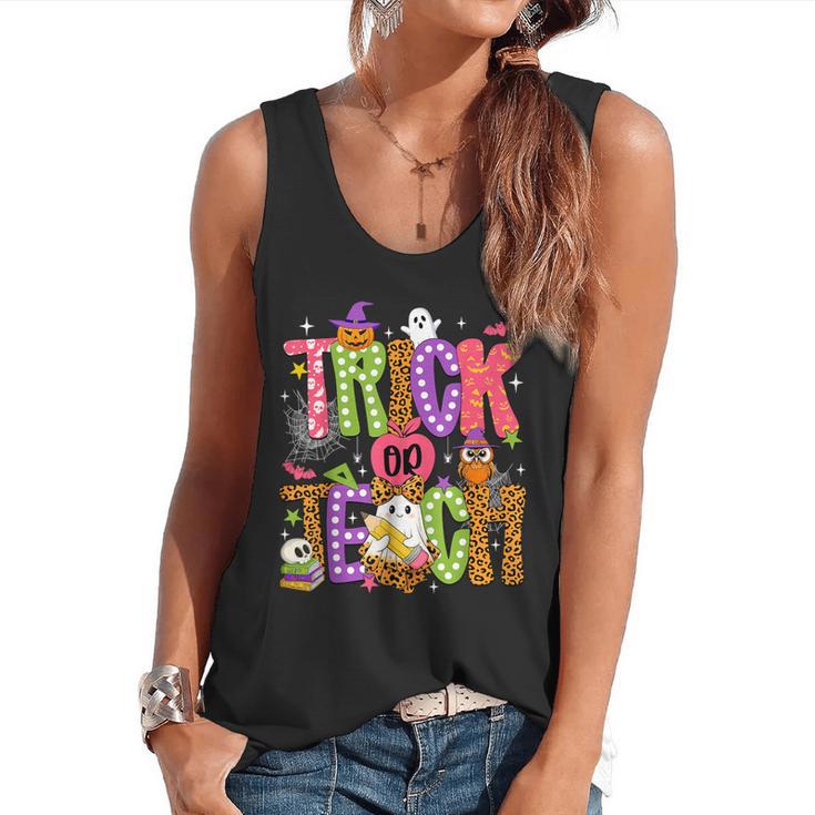 Retro Trick Or Teach Leopard Ghost Halloween Spooky Teacher Flowy Tank