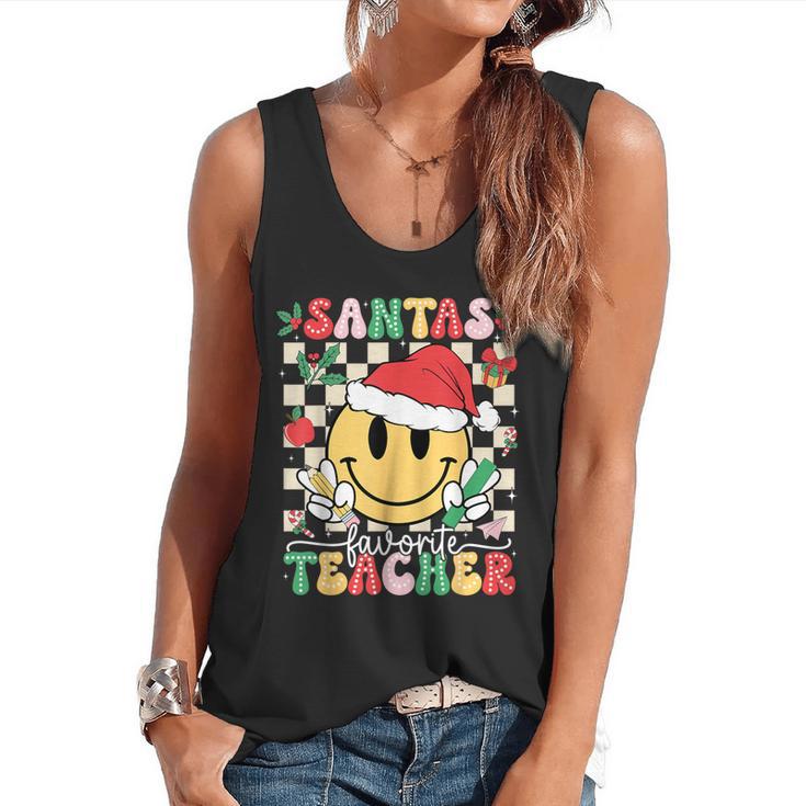 Santas Favorite Teacher Retro Groovy Smile Face Christmas Flowy Tank