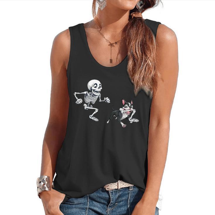 Skeleton Chasing Dog Boston Terrier Halloween Pet Lover Flowy Tank