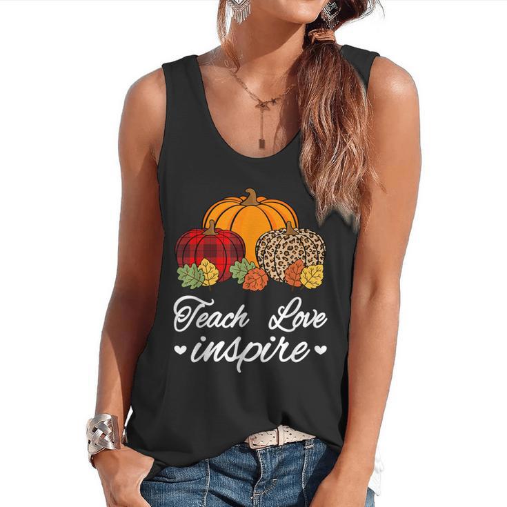 Teach Love Inspire Autumn Fall Plaid Leopard Pumpkin Teacher For Men Women Kids Flowy Tank