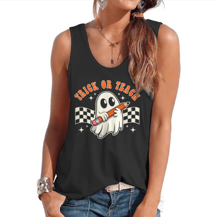 Trick Or Teach Groovy Retro Ghost Halloween Teacher Kids Flowy Tank