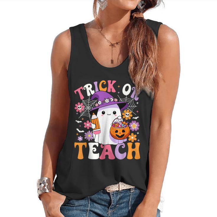Trick Or Teach Groovy Teacher Ghost Halloween Teacher Flowy Tank
