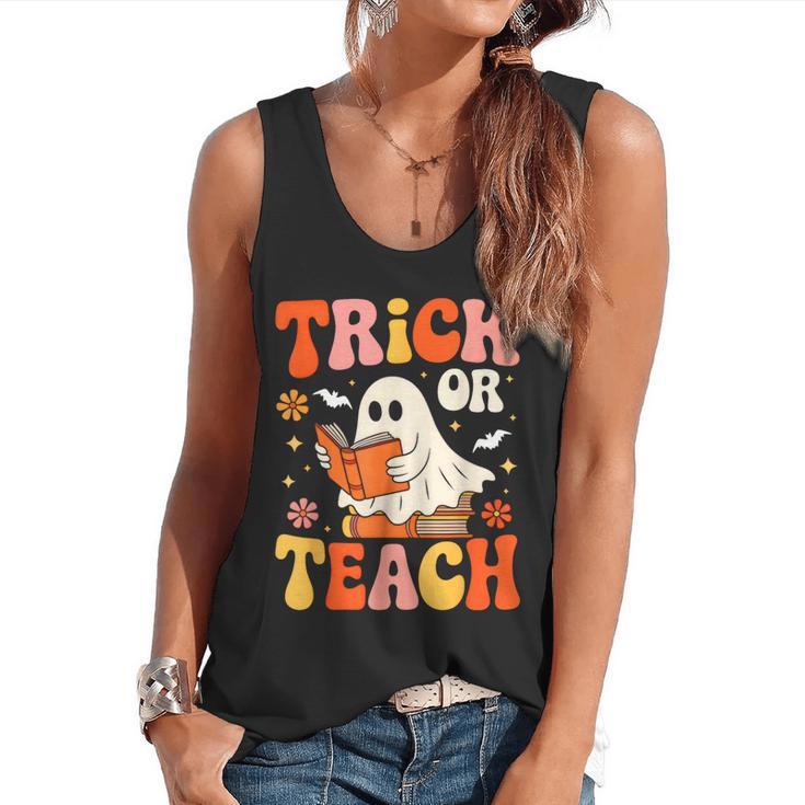Trick Or Teach Halloween Shirt For Teacher Kids Floral Ghost Flowy Tank