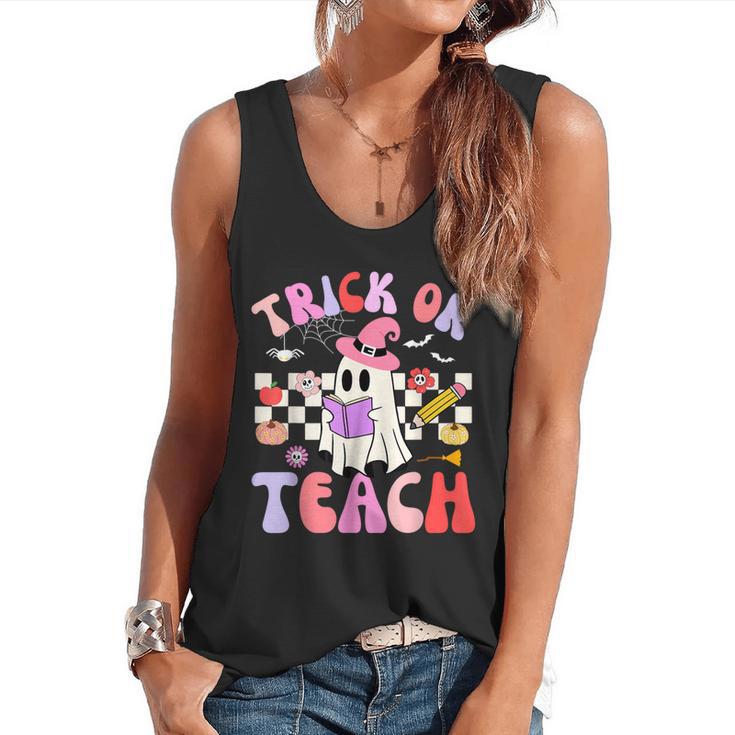 Trick Or Teach Halloween Teacher Floral Ghost Groovy Flowy Tank