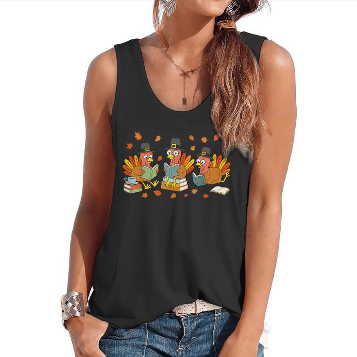 Turkey Reading Books Fall Thanksgiving Teacher Student Flowy Tank