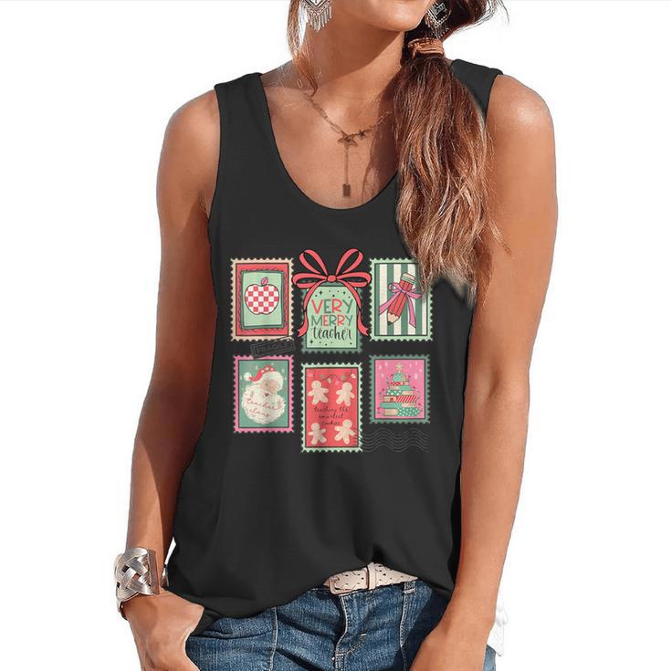 Vintage Preppy Very Merry Teacher Santa Stamps Christmas Flowy Tank