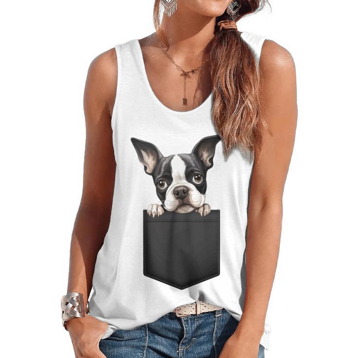Boston Terrier Dog Puppy Dog In Pocket Cute Pet Lover Flowy Tank