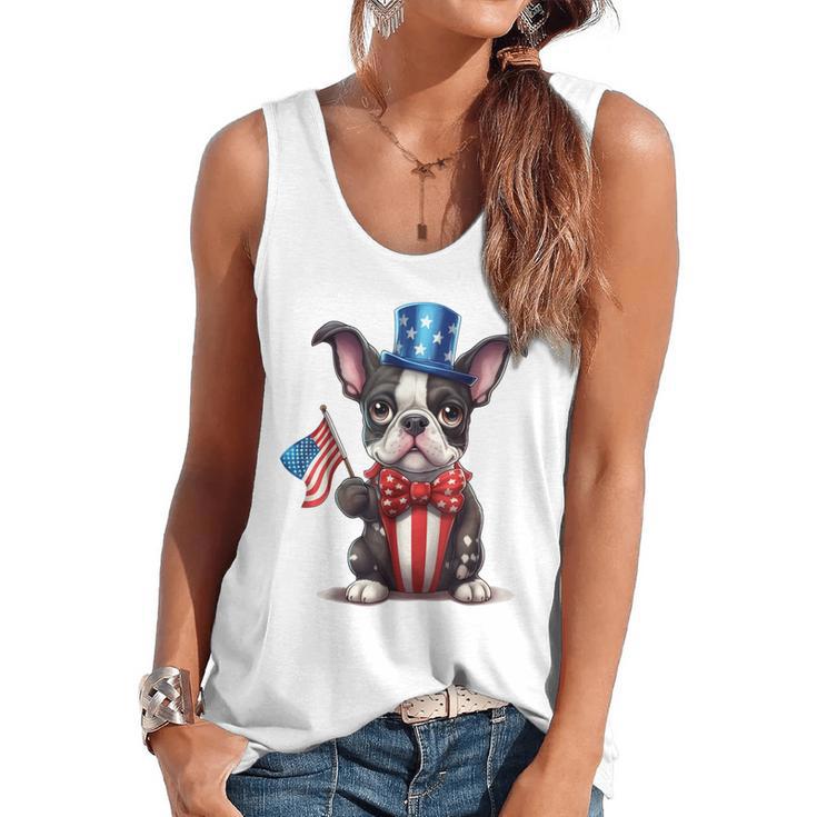 Boston Terrier Puppy Dog Holds His American Flag 4th Of July Flowy Tank