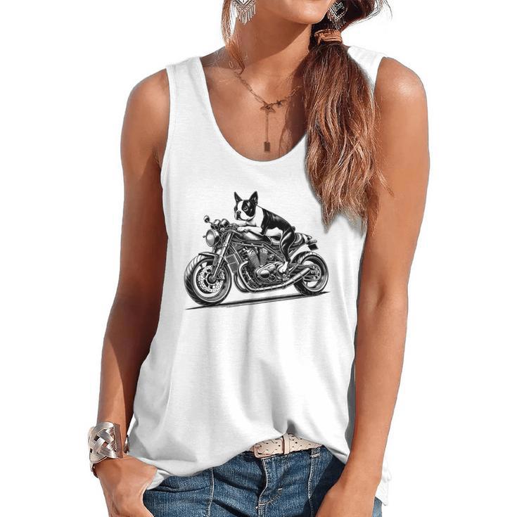 Cool Boston Terrier Riding a Motorcycle Biker Dog Lover For Men Women Kids Flowy Tank