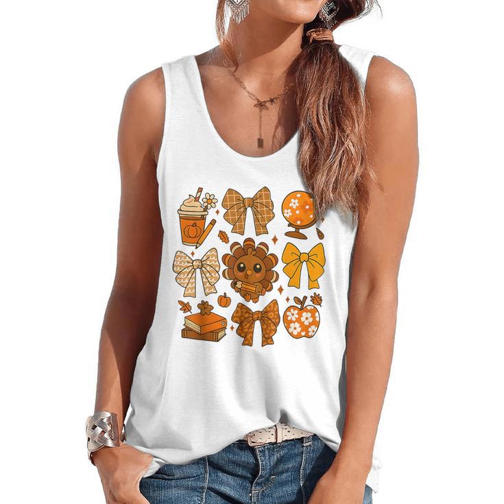 Coquette Teach Teacher Bows Thanksgiving Turkey Fall Autumn Flowy Tank