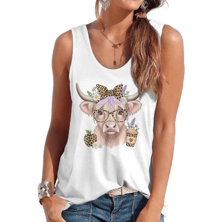 Cute Floral Highland Cow Back To School For Women Teacher Flowy Tank