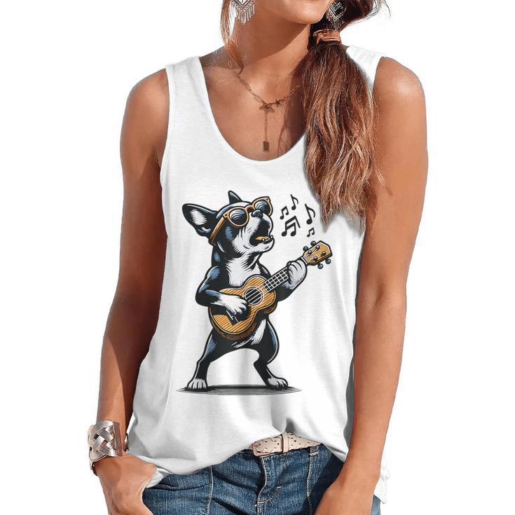 Dog Playing Guitar Singing Boston Terrier  For Men Women Girls Kids Flowy Tank
