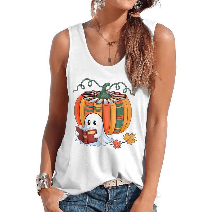 Fall Book Pumpkin Books Ghost Reading Halloween Teacher Flowy Tank
