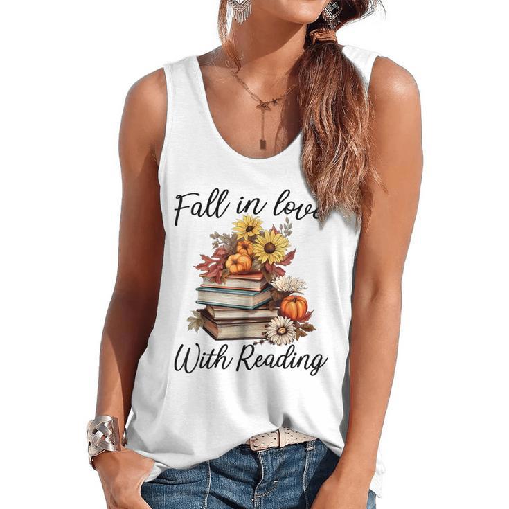 Fall In Love With Reading Book Autumn Teachers Pumpkins Flowy Tank