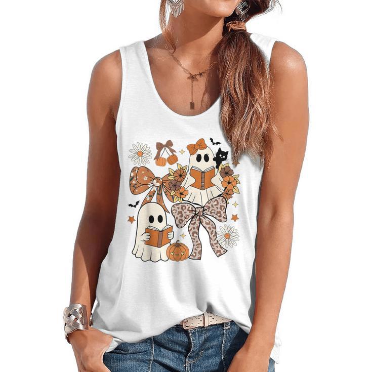 Ghost Reading Books Halloween Bow Spooky Teacher Student Flowy Tank