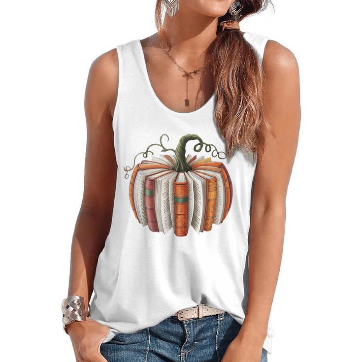Halloween Teacher Librarians Fall Book Pumpkin Retro Reading Flowy Tank