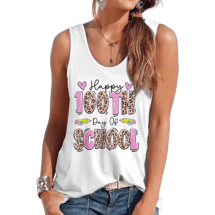 Happy 100th Day Of School Leopard Print Teacher Student Kids Flowy Tank