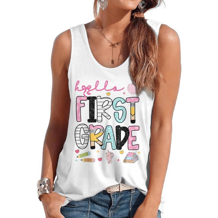 Hello First Grade Teacher Coquette Pencil Bow Back To School Flowy Tank