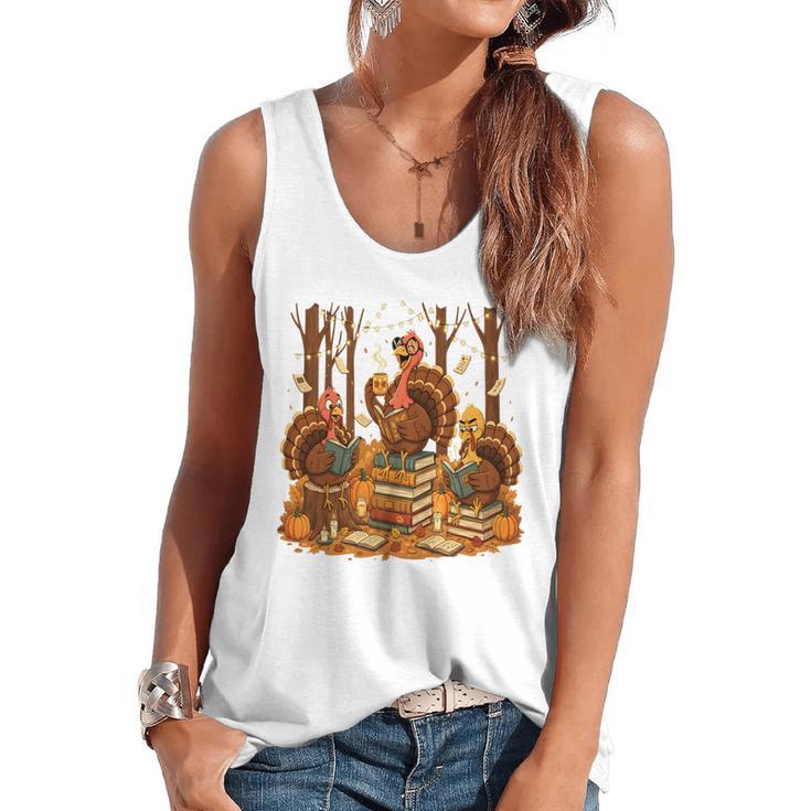 Librarian Turkey Reading Book Fall Thanksgiving Teacher Book Flowy Tank