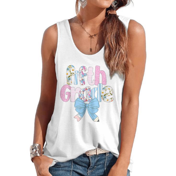 Preppy Fifth Grade Teacher Blue Floral Coquette Pencil Bow Flowy Tank