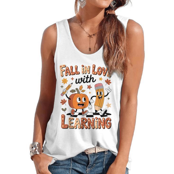 Retro Fall In Love With Learning Autumn Pumpkin Teacher Kids Flowy Tank