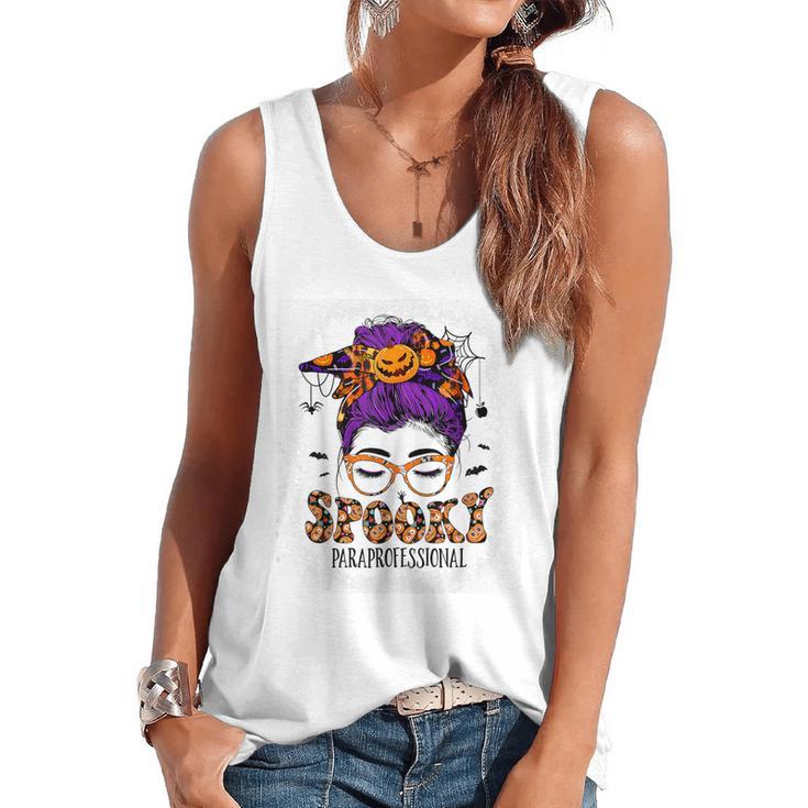 Spooky Paraprofessional Life Halloween Messy Bun Teacher For Men Women Flowy Tank