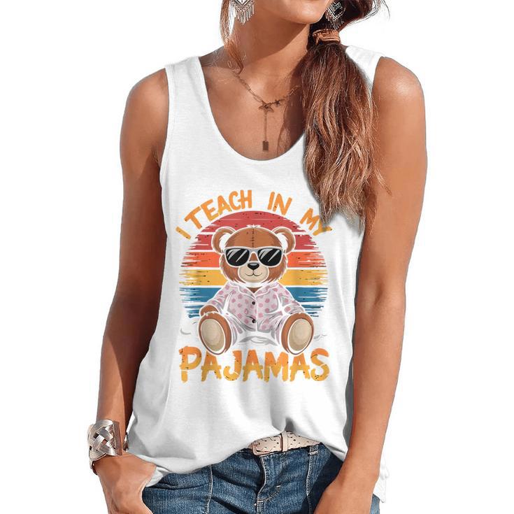 I Teach In My Pajamas Teacher Sunset Bear Retro Flowy Tank