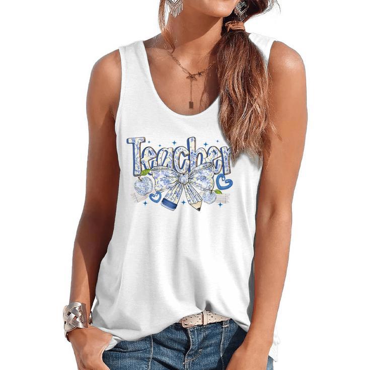 Teacher Blue Chinoiserie Coquette Bow Heart Teacher Life Flowy Tank