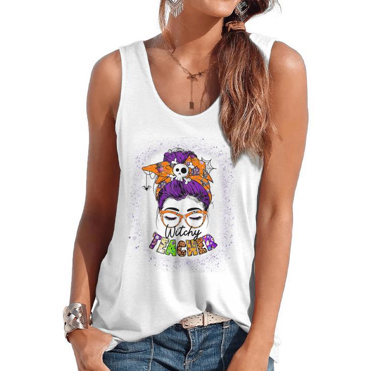 Witchy Teacher Halloween Messy Bun Teacher Bleached Flowy Tank