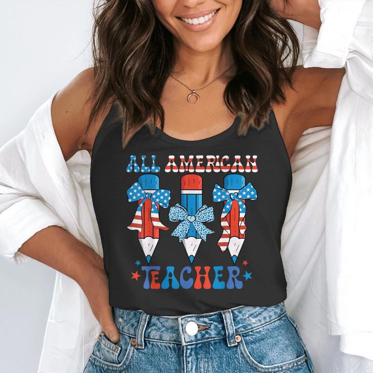 All American Teacher Pencil Coquette Bow USA Flag Teachers Flowy Tank, funny gift