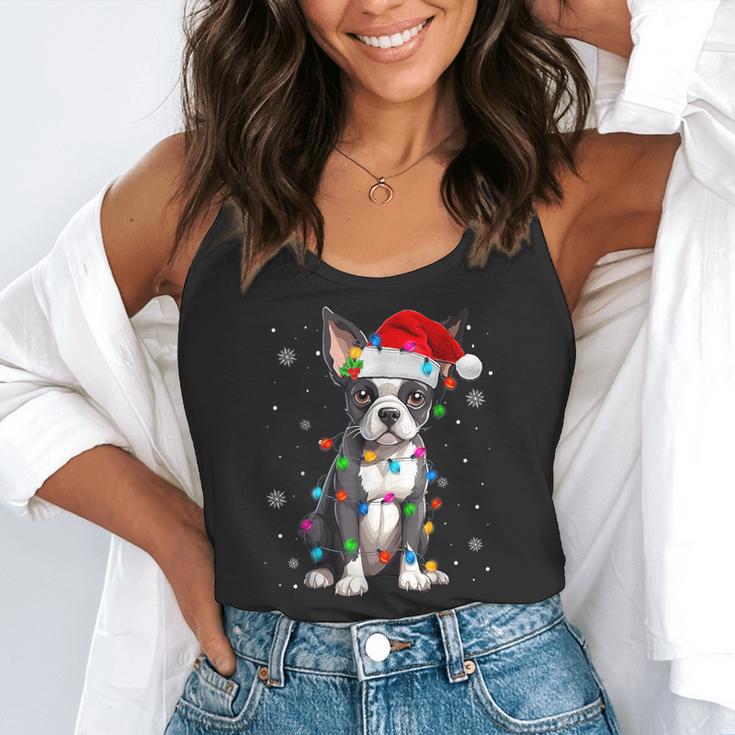 Boston Terrier Christmas Santa Hat Tree Lights Pajama Flowy Tank, funny gift