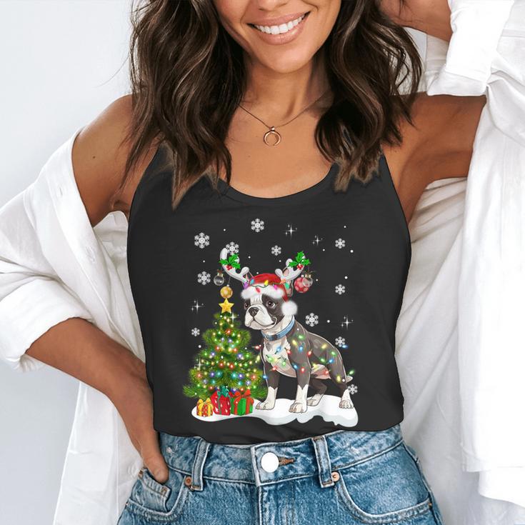 Boston Terrier Christmas Tree Lights Santa Hat Flowy Tank, funny gift