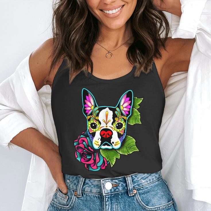 Boston Terrier In Day Of The Dead Sugar Skull Dog Flowy Tank, funny gift