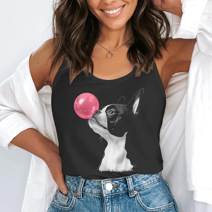 Boston Terrier Dog Blowing Chewing Bubble Gum Pink Flowy Tank, funny gift