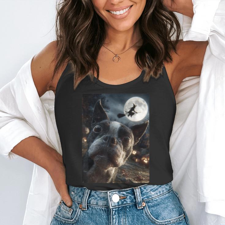 Boston Terrier Selfie Full Moon Flying Witch Halloween Dog Flowy Tank, funny gift