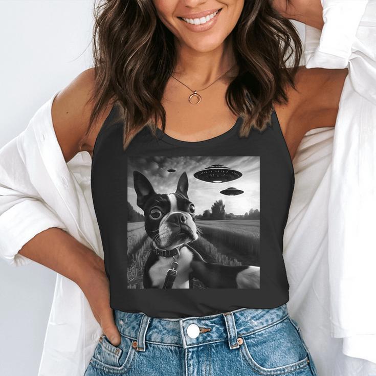 Boston Terrier Graphic Selfie With UFOs Weird Aliens Flowy Tank, funny gift