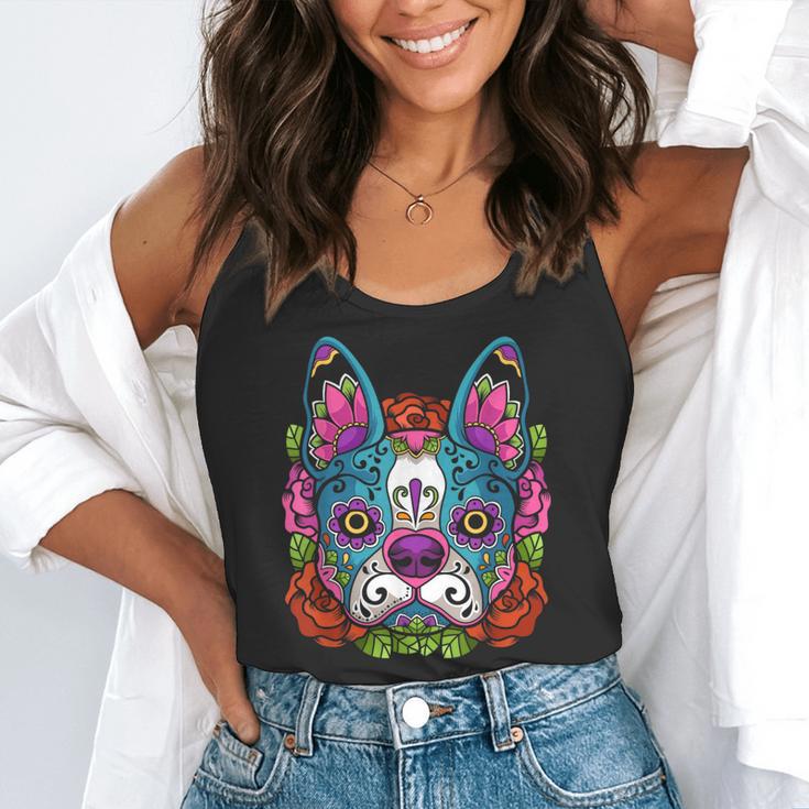 Boston Terrier Sugar Skull Dog Day Of The Dead Flowy Tank, funny gift