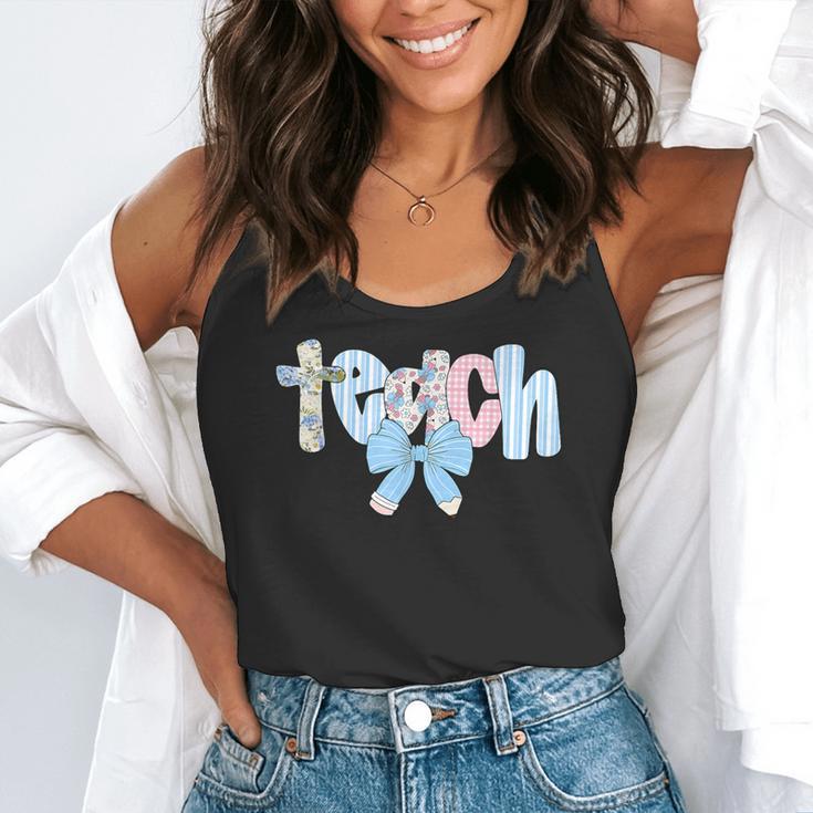 Coquette Bow Teach Teacher Happy First Day Back To School Flowy Tank, funny gift