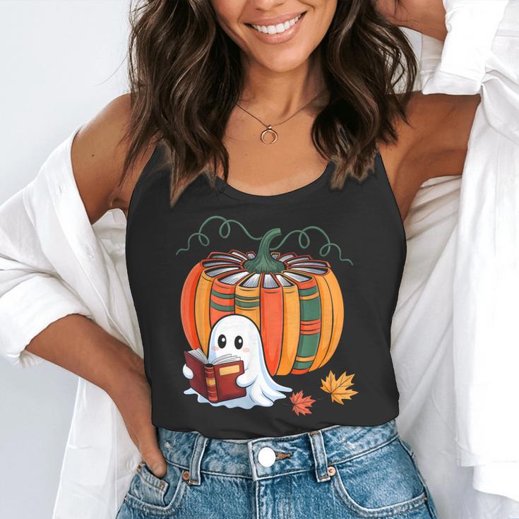 Fall Book Pumpkin Ghost Reading Books Halloween Teacher Flowy Tank, funny gift