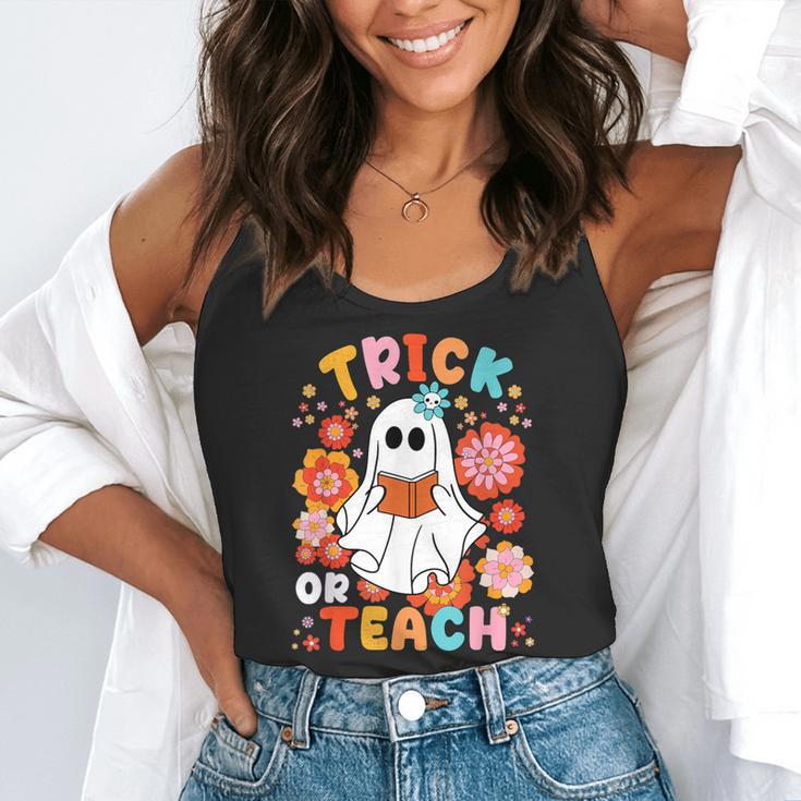 Groovy Halloween Trick Or Teach Retro Floral Ghost Teacher For Men Women Kids Flowy Tank, funny gift