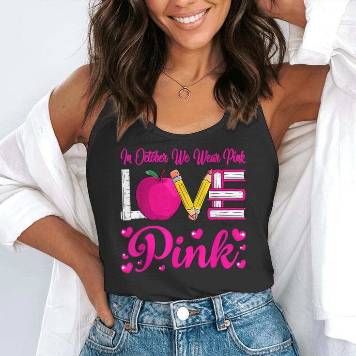 In October We Wear Pink Love Teacher Breast Cancer Awareness Flowy Tank, funny gift