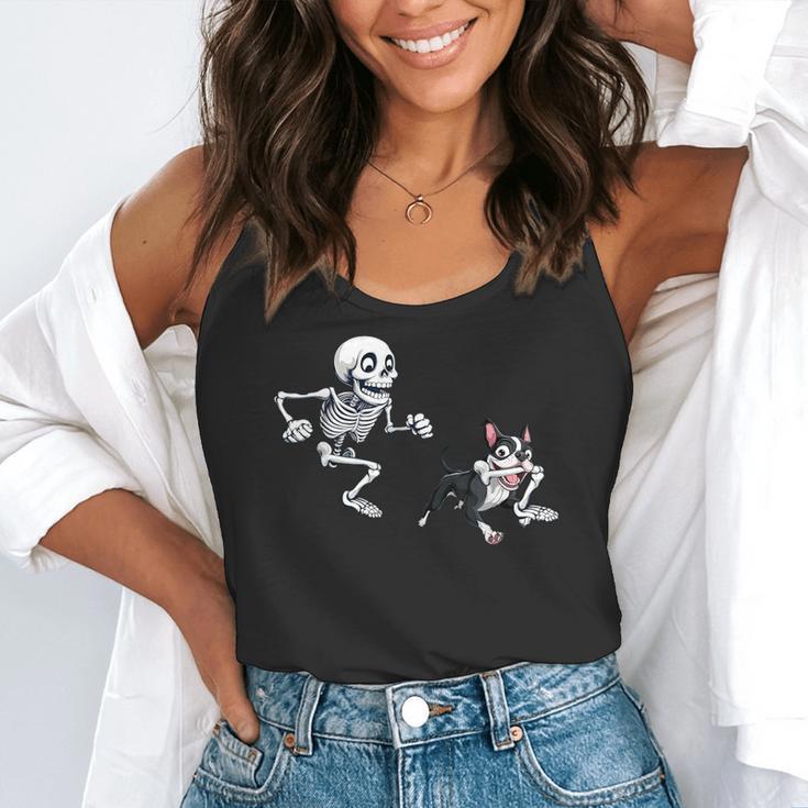 Skeleton Chasing Dog Boston Terrier Halloween Pet Lover Flowy Tank, funny gift
