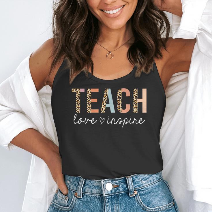 Teach Love Inspire Leopard Back To School Cute Teacher Men Women Girls Kids Flowy Tank, funny gift