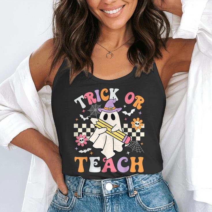 Trick Or Teach Groovy Teacher Halloween Retro Teacher Ghost Flowy Tank, funny gift