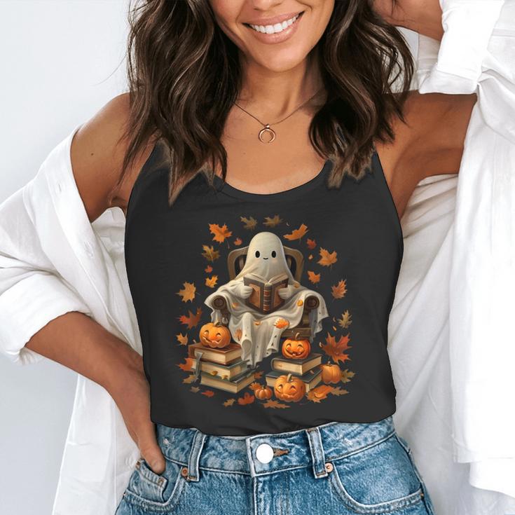 Vintage Ghost Book Reading Pumpkin Gothic Halloween Teachers Men Women Kids Flowy Tank, funny gift