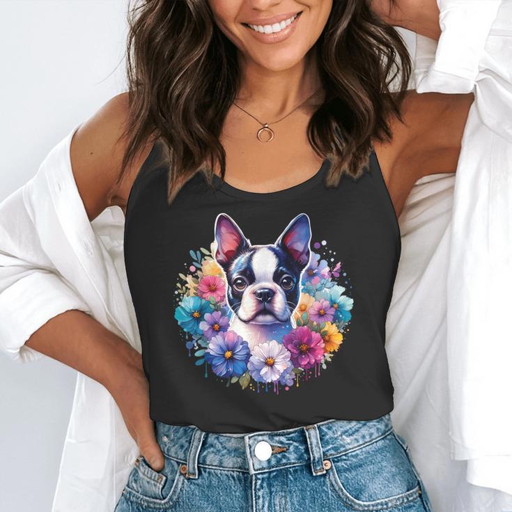 Watercolor Floral Boston Terrier Mama Dog Lover Mother's Day Flowy Tank, funny gift