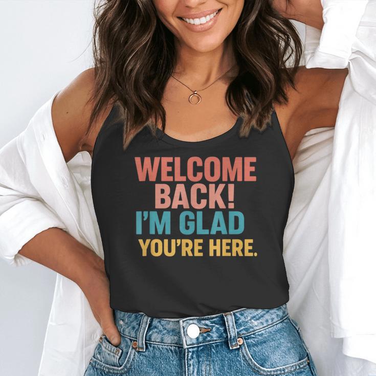 Welcome Back I'm Glad You'Re Here Retro Teacher Greeting Flowy Tank, funny gift