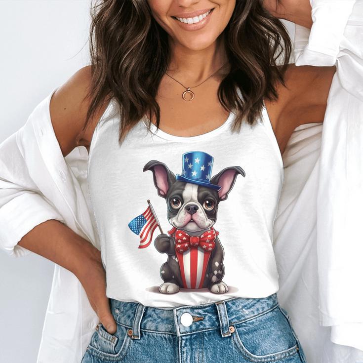 Boston Terrier Puppy Dog Holds His American Flag 4th Of July Flowy Tank, funny gift
