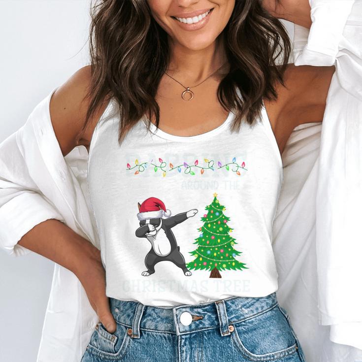 Boston Terrier Santa Hat Dabbing Around The Christmas Tree Flowy Tank, funny gift