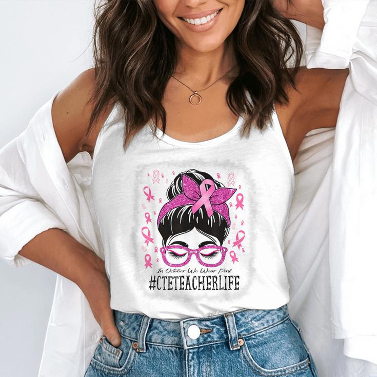 CTE Teacher In October We Wear Pink Breast Cancer Awareness Flowy Tank, funny gift